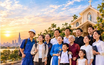 Minh hoạ: cộng đoàn trước nhà thờ lúc hoàng hôn
