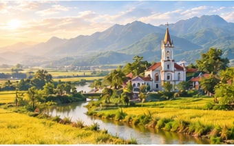 Minh hoạ: nhà thờ làng quê bên cánh đồng lúa